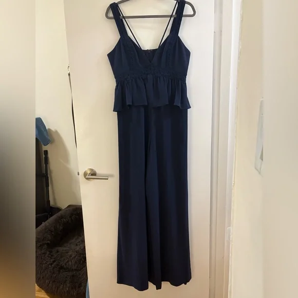 BCBGMAXAZRIA Navy Crepe Embroidered Peplum Jumpsuit - Picture 5 of 13